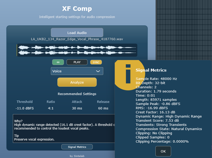 Signal Metrics de XF Comp